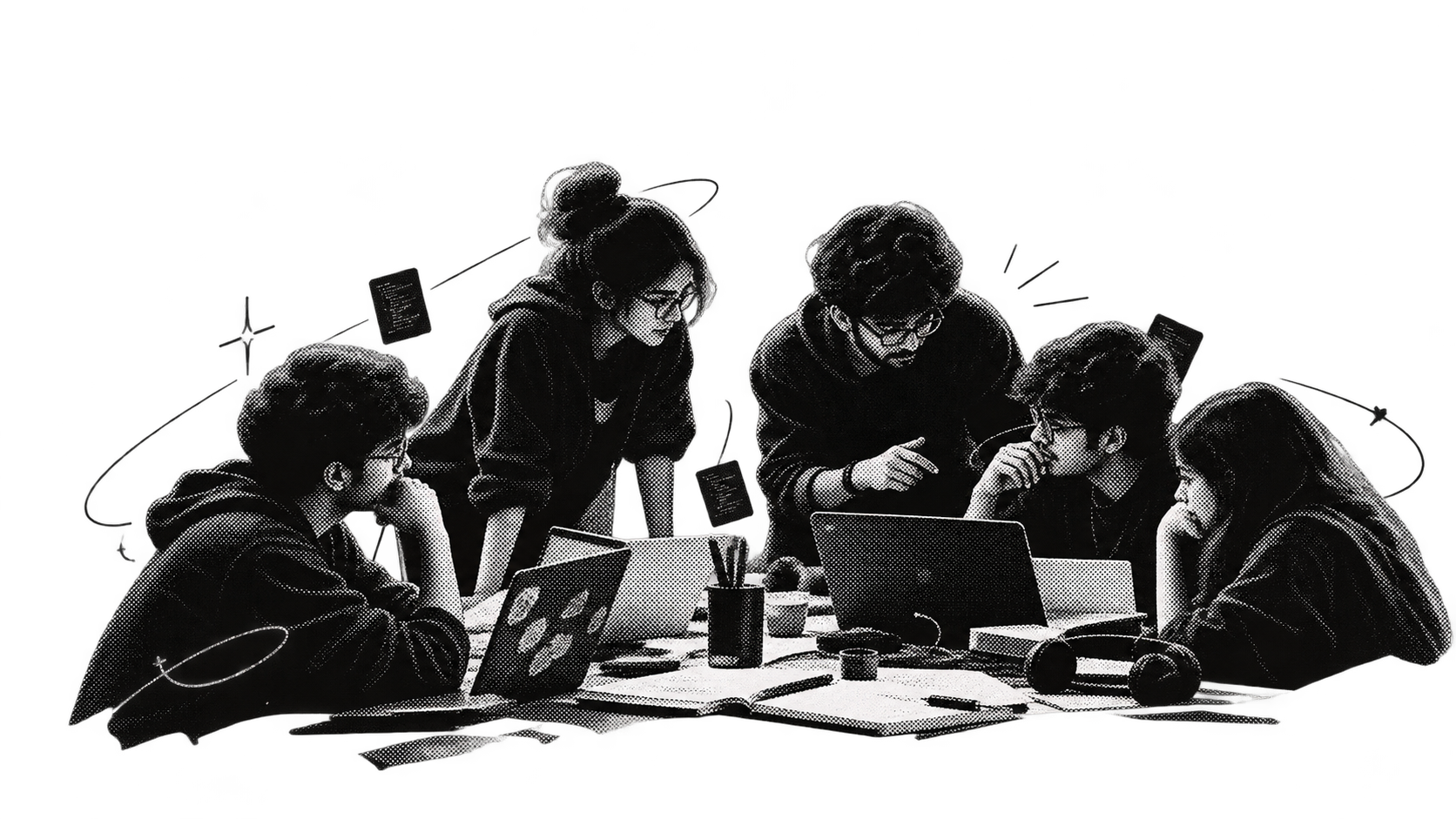 Five builders gathered around a table of laptops and notebooks, working something out together.